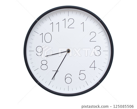 Simple wall clock with black frame and white face displaying 08:35 or 20:35. Ideal for time, schedule, and punctuality themes. Simple wall clock with black frame and white face displaying 08:35 or 20:35. Ideal for time, schedule, and punctuality themes. 125085506