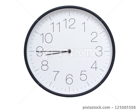 Simple wall clock with black frame and white face displaying 08:45 or 20:45. Ideal for time, schedule, and punctuality themes. 125085508