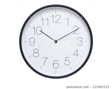 Simple wall clock with black frame and white face displaying 10:10 or 22:10. Ideal for time, schedule, and punctuality themes. 125085525