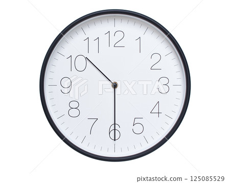 Simple wall clock with black frame and white face displaying 10:30 or 22:30. Ideal for time, schedule, and punctuality themes. 125085529
