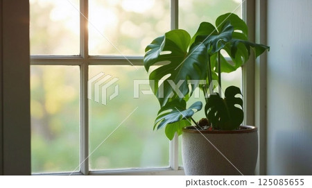 Monster in pot near the window 125085655