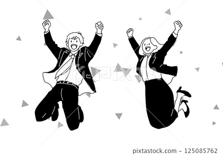 穿著西裝的男人和女人高興地跳起來，五彩紙屑 125085762