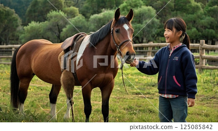 在廣闊的牧場上，充滿活力的小學生給馬餵食的溫馨場景。 125085842