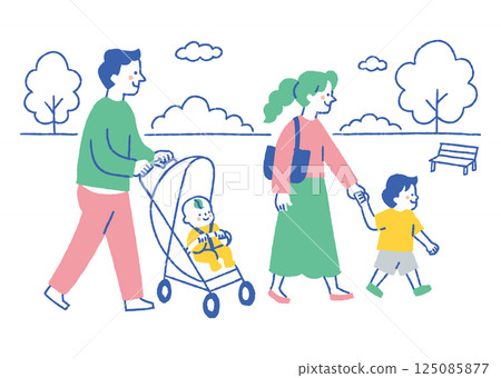 一家四口在公園散步_顏色 125085877