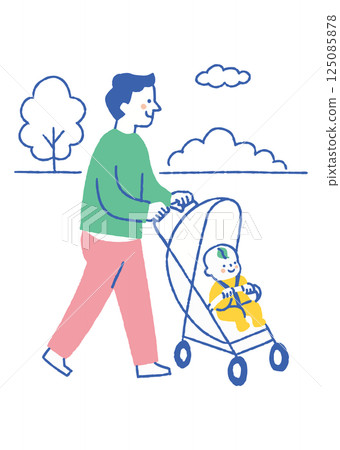 父親推著嬰兒車在公園散步_顏色 125085878