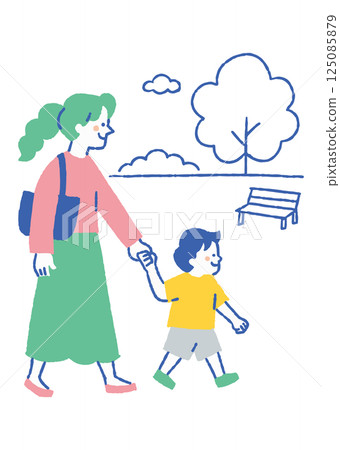 Mother walking in the park holding hands with her son_color 125085879