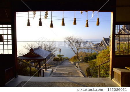 A panoramic view of the Seto Inland Sea from Tomioka Hachiman Shrine in Futagoura, Shodoshima 125086051