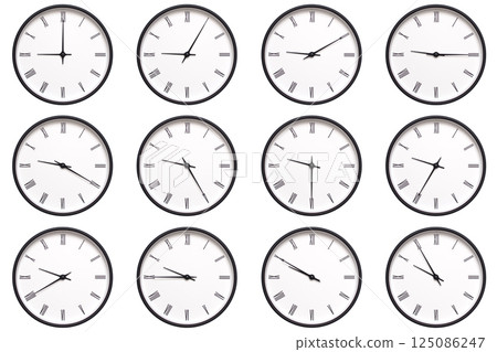 A set of 12 wall clocks with black frames and Roman numerals, each displaying a different time from 09:00 to 09:55 or 21:00 to 21:55. ideal for timekeeping, schedule management, and daily routines. 125086247