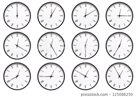 A set of 12 wall clocks with black frames and Roman numerals, each displaying a different time from 00:00 to 00:55 or 12:00 to 12:55. ideal for timekeeping, schedule management, and daily routines. 125086250