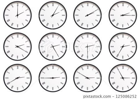 A set of 12 wall clocks with black frames and Roman numerals, each displaying a different time from 02:00 to 02:55 or 14:00 to 14:55. ideal for timekeeping, schedule management, and daily routines. 125086252