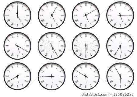 A set of 12 wall clocks with black frames and Roman numerals, each displaying a different time from 05:00 to 05:55 or 17:00 to 17:55. ideal for timekeeping, schedule management, and daily routines. 125086255