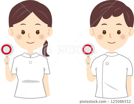 Illustration of a male and female nurse holding a correct answer card 125086552