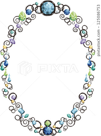 Vertical oval frame decorated with jewels (cool colors, black lines) Vertical oval frame decorated with jewels (cool colors, black lines) 125086753