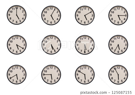 A set of 12 retro-modern aesthetic round wall clocks with black frames and Arabic numerals, each displaying a different time from 05:00 to 05:55 or 17:00 to 17:55. perfect for time management, 125087155