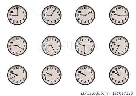 A set of 12 retro-modern aesthetic round wall clocks with black frames and Arabic numerals, each displaying a different time from 09:00 to 09:55 or 21:00 to 21:55. perfect for time management, A set of 12 retro-modern aesthetic round wall clocks with black frames and Arabic numerals, each displaying a different time from 09:00 to 09:55 or 21:00 to 21:55. perfect for time management, 125087159