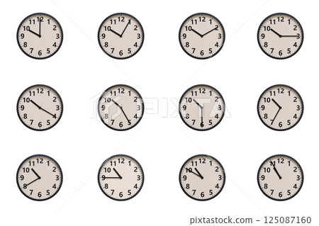 A set of 12 retro-modern aesthetic round wall clocks with black frames and Arabic numerals, each displaying a different time from 10:00 to 10:55 or 22:00 to 22:55. perfect for time management, 125087160