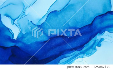 A luxurious watercolor water expression background. An abstract background of alcohol ink art with beautiful shades of blue. 125087170