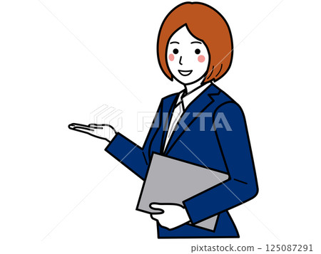 一位身穿西裝的女士拿著文件並指著 125087291