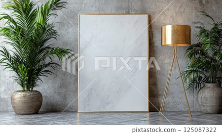 Elegant Marble Effect Poster Mockup for Luxe Space with Modern Decor Elements 125087322