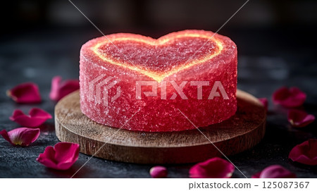 Romantic Pink Velvet Heart Cake with Rose Petals on Dark Background 125087367