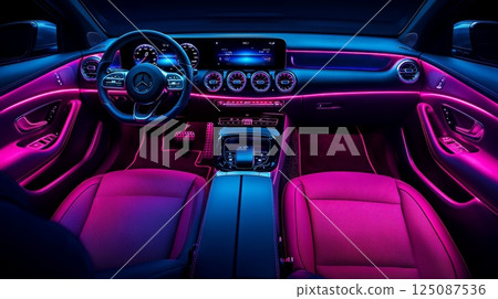 Modern Car Interior with Vibrant Cushion Seats and Artistic Ambient Lighting 125087536