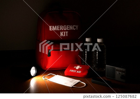 Disaster preparedness supplies for when it gets dark 125087682