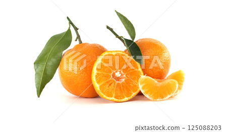 Fresh Mandarin Oranges with Green Leaves on a White Background Fresh Mandarin Oranges with Green Leaves on a White Background 125088203