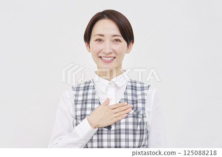 Female office worker, smiling, trust, portrait, white background, looking at camera Female office worker, smiling, trust, portrait, white background, looking at camera 125088218