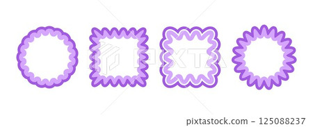 Cute frill pattern frame set. Purple scalloped circle and square border collection. Soft wavy lace edge shapes in rococo style for decoration, poster, banner. Girly coquette element pack. Vector Cute frill pattern frame set. Purple scalloped circle and square border collection. Soft wavy lace edge shapes in rococo style for decoration, poster, banner. Girly coquette element pack. Vector 125088237