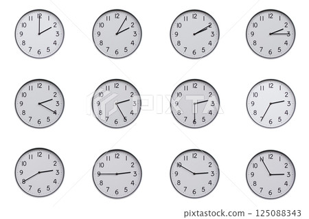 A set of 12 wall clocks, each showing a different time at 5-minute intervals from 02:00 to 02:55 or 14:00 to 14:55. Clean white background, ideal for time-related concepts or educational use. 125088343