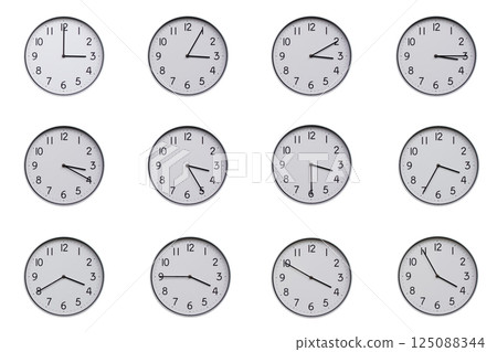 A set of 12 wall clocks, each showing a different time at 5-minute intervals from 03:00 to 03:55 or 15:00 to 15:55. Clean white background, ideal for time-related concepts or educational use. 125088344