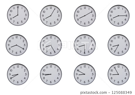 A set of 12 wall clocks, each showing a different time at 5-minute intervals from 08:00 to 08:55 or 20:00 to 20:55. Clean white background, ideal for time-related concepts or educational use. 125088349