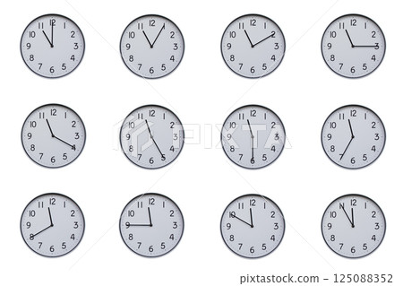 A set of 12 wall clocks, each showing a different time at 5-minute intervals from 11:00 to 11:55 or 23:00 to 23:55. Clean white background, ideal for time-related concepts or educational use. 125088352