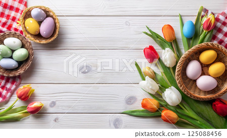 Easter eggs and tulips on wood background 125088456