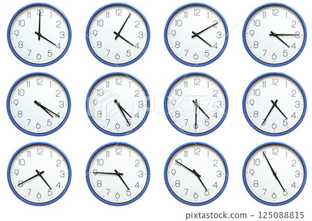 round wall clocks with white faces and a blue rim. Each set displays times from 04:00 to 04:55 or 16:00 to 16:55 in 5 minute intervals, ideal for educational or time teaching stock content. round wall clocks with white faces and a blue rim. Each set displays times from 04:00 to 04:55 or 16:00 to 16:55 in 5 minute intervals, ideal for educational or time teaching stock content. 125088815