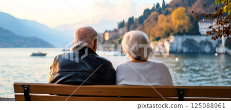 秋天安靜的湖邊長椅場景，老年男女一起放鬆 125088961