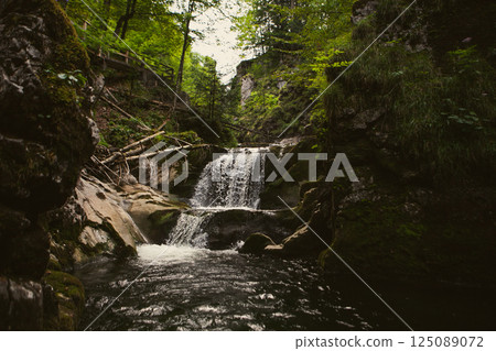 Hidden waterfall cascades gracefully in a serene forest landscape of Germany 125089072