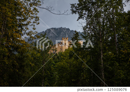 Majestic Schloss Hohenschwangau rises above the forest under dramatic cloudy skies in Germanys Bavarian Alps Majestic Schloss Hohenschwangau rises above the forest under dramatic cloudy skies in Germanys Bavarian Alps 125089076
