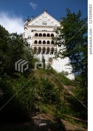Majestic Neuschwanstein Castle perched among lush greenery in the Bavarian Alps during a sunny day 125089083