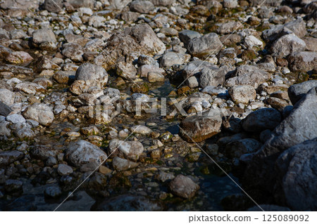 Rocks and water shimmer in the sunlight near Neuschwanstein, creating a tranquil natural setting Rocks and water shimmer in the sunlight near Neuschwanstein, creating a tranquil natural setting 125089092
