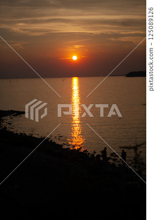 Witness the tranquil beauty of sunset over Lake Constance in Germany featuring silhouettes by the shore 125089126