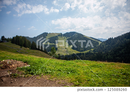 Majestic German mountains embrace natures tranquility in a serene landscape under a clear blue sky Majestic German mountains embrace natures tranquility in a serene landscape under a clear blue sky 125089260