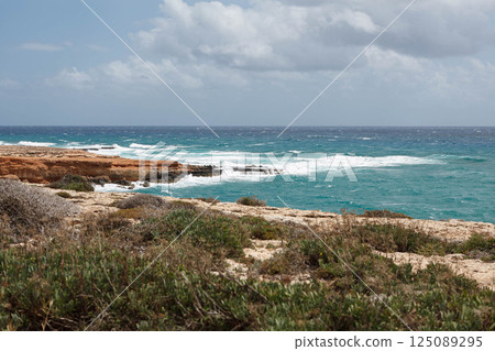 Breathtaking coastal view of Ayia Napa in Cyprus featuring vibrant turquoise waters and rocky cliffs Breathtaking coastal view of Ayia Napa in Cyprus featuring vibrant turquoise waters and rocky cliffs 125089295