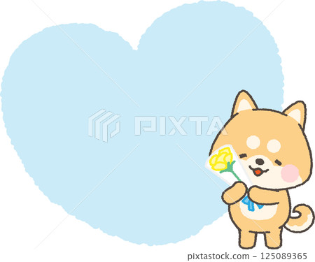 Shiba inu holding a bouquet of yellow roses and a heart frame Shiba inu holding a bouquet of yellow roses and a heart frame 125089365