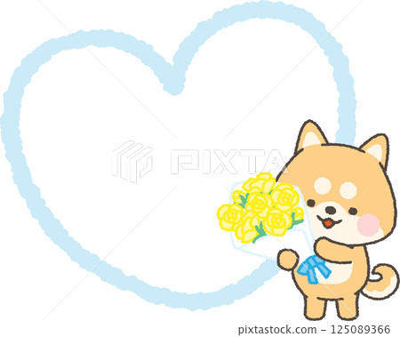 Shiba Inu holding a bouquet of yellow roses and a heart-shaped speech bubble 125089366