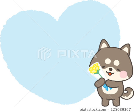 A black Shiba Inu dog holding a bouquet of yellow roses and a heart-shaped speech bubble A black Shiba Inu dog holding a bouquet of yellow roses and a heart-shaped speech bubble 125089367