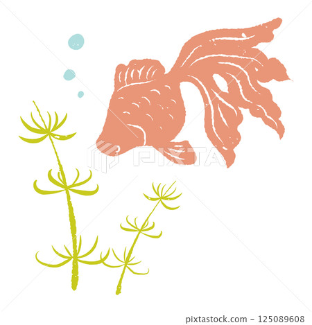 Simple silhouette of goldfish and aquatic plants, woodblock print style, Japanese style 125089608