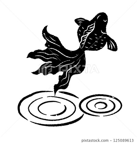金魚和水波紋的簡單輪廓，木版畫風格，日式風格 125089613
