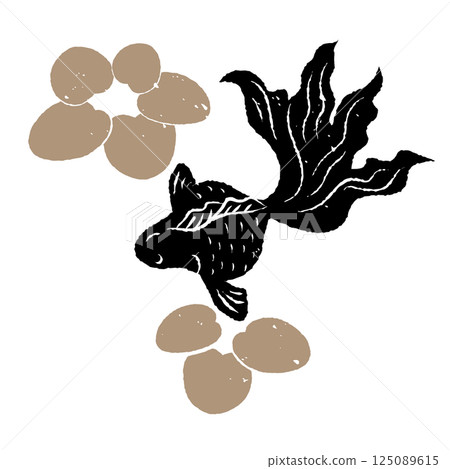 金魚和水生植物的簡單輪廓，木版畫風格，日式風格 125089615