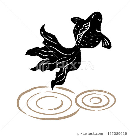 金魚和水波紋的簡單輪廓，木版畫風格，日式風格 125089616